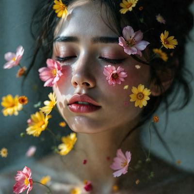 The primary subject of the image is a woman with flowers in her hair. She is surrounded by a variety of flowers, including pink and yellow ones. The setting appears to be a garden or an outdoor location with a natural backdrop. The visual style of the image is a close-up of the woman's face, with the flowers in her hair as the main focus. The colors and mood of the image are vibrant and lively, with the woman's face and the flowers creating a sense of beauty and joy